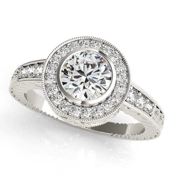 14kt Vintage Inpired Bezel Set Halo Diamond Engagement Ring Shown with 1ct Center Stone Available in 14kt White Gold, 14kt Yellow Gold, 14kt Rose Gold, Palladium, and Platinum